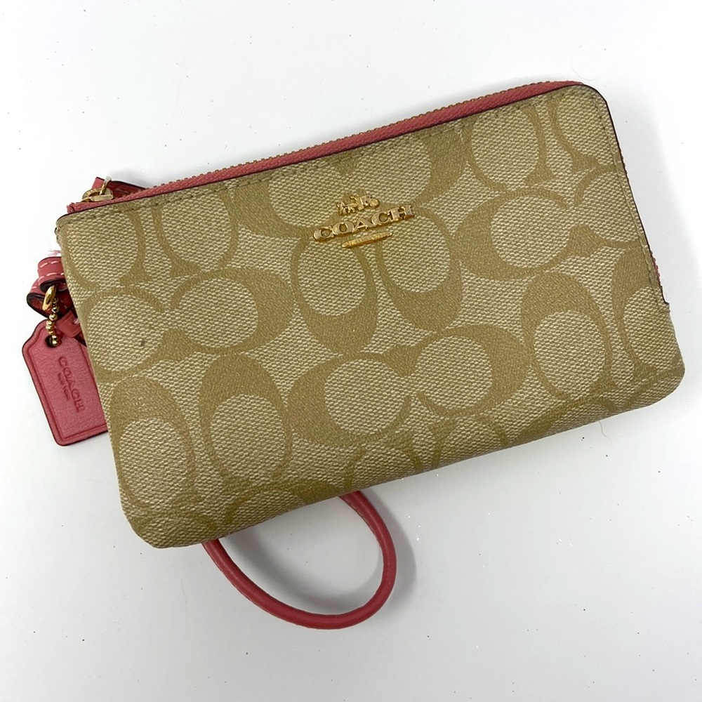Coach Double Corner Zip Wristlet with Signature Print in Camel and Berry